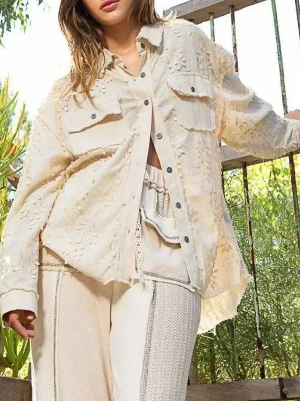 POL Women Button Shirt Size S Contrast Twill Embroidered Boho Cottagecore Fairy